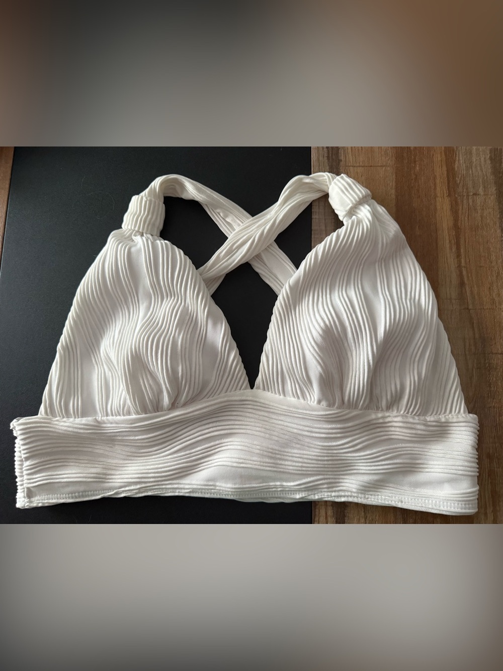 White Textured Ribbed Bikini Top 1XL Crisscross Back Longline Swim